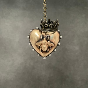 Queen Bee Heart Crown Pendant, Puffed, Dotted, Brass, Rustic Boho Hand Soldered, Jewelry, Lead Free