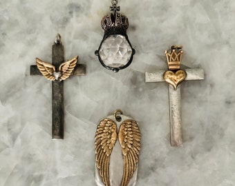 Cross, Angel Wings or Crystal Artisan Pendants, Soldered Brass, Pewter, Handmade