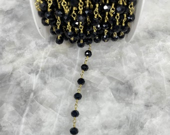 Black Beaded Crystal Chain, 8mm X 6mm Faceted Opaque Rondelle Rosary Wrapped Link Chain, By Foot, Gold Brass, Necklace