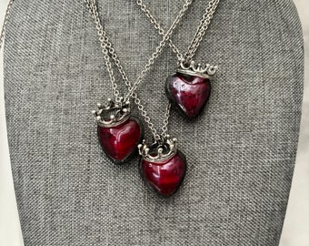 Heart Pendant with Floating Crown Necklace, Red Lamp Work Glass, Soldered, 1”, Pendant OR Necklace, Handmade, Lead Free
