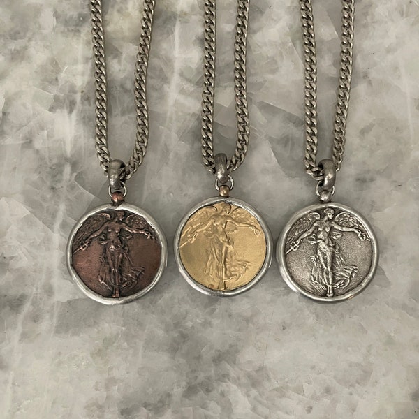 Angel Victory Medal with Sword, Bronze, Gold, Silver, Soldered Coin Pendant OR Necklace, 1.5", WW1 Replica, Curb Chain, 2 Sided