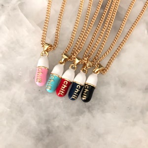 Chill Pill Necklace Enamel Charm Matte Gold Chain 16 or 18