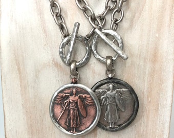 Angel Warrior Victory Medal, Silver, Bronze, Soldered Coin Pendant OR Necklace, 1.5", WW1 Replica, Large, 2 Sided