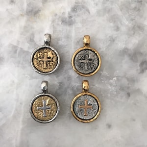 Pirate Coin Pendant, Ancient Doubloon, 30mm Bezel Set GOLD SILVER, Pieces of Eight Replica Coin, 2 Sided, Pewter