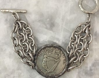 IRISH Coin Bracelet OR Coin Only, 1.5", Harp, 1822 Hibernia, Hand Soldered Antique, Replica, 2 Sided, Lead Free