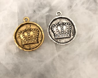 Crown Charm, Gold or Silver with Bezel 20mm, 24k Plated, Pewter, Bracelet Charm, Lead Free