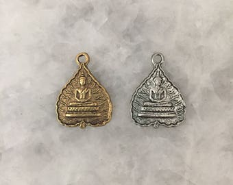 Buddha Charm, Tibetan Bodhi Leaf 23mm Gold or Silver Pendant, Namaste, Lotus Position, Yoga, Inspirational, Lead Free Pewter