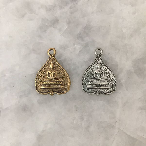 Buddha Charm, Tibetan Bodhi Leaf 23mm Gold or Silver Pendant, Namaste, Lotus Position, Yoga, Inspirational, Lead Free Pewter