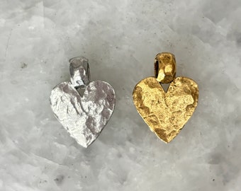 Heart Charm Hammered with Bail, Rustic GOLD or SILVER, Pewter, Lead Free, 24k Gold