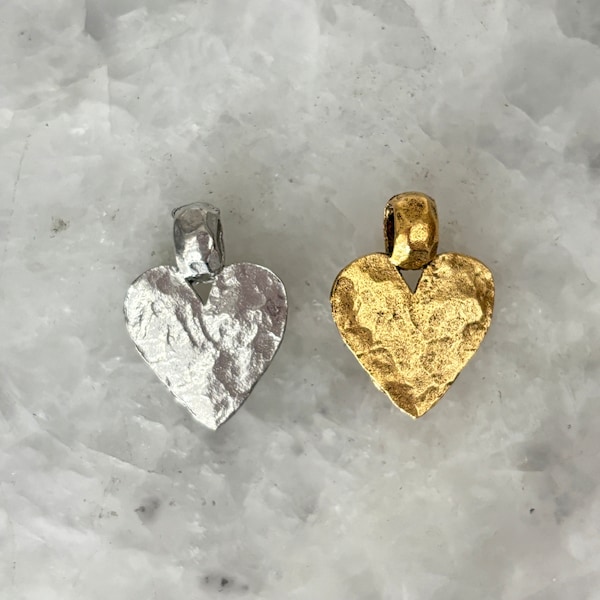 Heart Charm Hammered with Bail, Rustic GOLD or SILVER, Pewter, Lead Free, 24k Gold