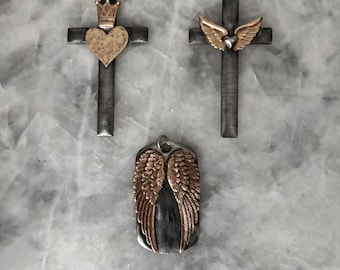 Cross, or Angel Wings  Artisan Pendants, Soldered Brass, Pewter, Handmade