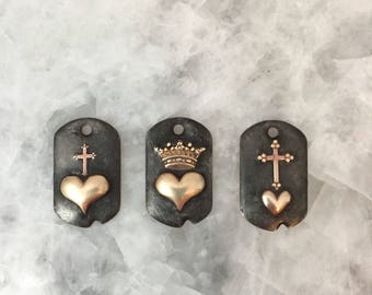 Sacred Heart Tag Pendant, Soldered Dog Tag, Necklace Charm, Cross, Crown, Heart, Brass, Handmade,Lead Free