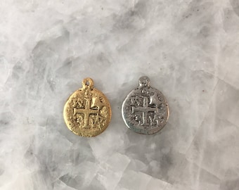Pirate Coin Charm, Ancient Doubloon, 23mm Gold or Silver, Pieces of Eight Coin, 2 Sided, Lead Free Pewter, Replica