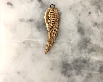 Angel Wing Pendant, Brass  2+3/4&quot; Guardian Angel, Backfilled, Spiritual Necklace