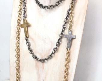 Cross Layering Chain Necklace, Silver, Gold, Jewelry, 32”, Cable Chain, Lobster Clasp, Non Tarnish, 9mm X 7mm links