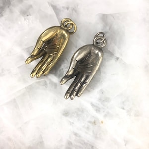 Hand Charm, Gyan Mudra Golden Brass Pendant, Gold or Silver, Tibetan, 40mm, Yoga, Charm ONLY, Solid Brass, Ethnic, Amulet