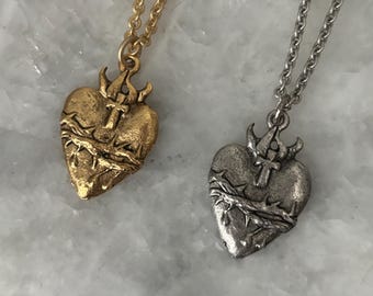Sacred Heart Necklace, or Charm, 1 1/8"  Gold or Silver Pewter, Delicate Cable Chain, 16", 18", Lead Free