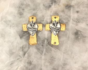 Gold Sacred Heart Cross Pendant,  1+7/8" Rustic Hammered, 1 or 2 Hole, Lead Free