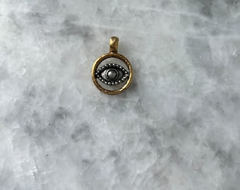 Evil Eye Pendant Charm With Bezel, Bail, 30mm Yoga, Gold + Silver, Charm Only, Necklace, Hammered Pewter, Jewelry Supplies