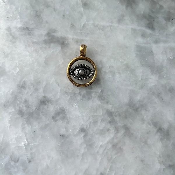 Evil Eye Pendant Charm With Bezel, Bail, 30mm Yoga, Gold + Silver, Charm Only, Necklace, Hammered Pewter, Jewelry Supplies