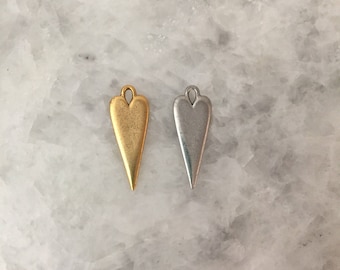 Heart Charm, Elongated, Gold, Silver, 29mm, Cast Pewter Pendant, 24k Gold Plate, Lead Nickel Free, Made in USA