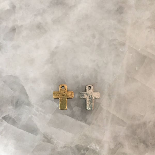 Tiny Dainty Cross Charm GOLD or SILVER 12mm Hammered, Small Cross, BULK Savings, Pendant, Pewter, Supplies