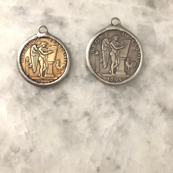 Antike französische Münze Anhänger, Engel 1793, Halskette, Gelötet , Gold, Silber, Replik