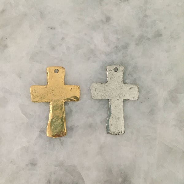 Cross Pendant, Hammered Rustic Gold or Silver Pewter, 48mm, ONE HOLE at Top, Religious Cross