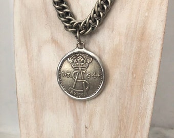 Polish Coin Pendant 1.75&quot;, Dated 1564, Silver Plate, Hand Soldered Medieval A/S Design, Replica, Necklace, 2 Sided, Lead Free