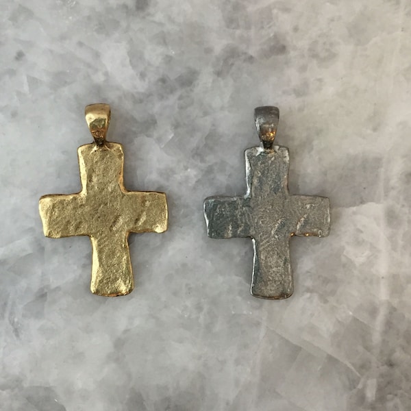 Cross Pendant with Bail, Hammered 49mm, Chunky Gold OR Silver, Bail, Pewter, Lead Free, Supply