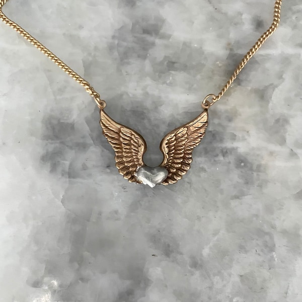 Angel Wing Heart Pendant, Rustic Soldered, 1+3/8", Pendant or Necklace, Raw Brass, Lead Free, Hand Made