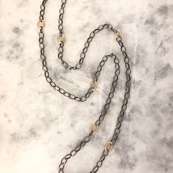 Layering Chain Necklace, Antique Silver w/ Gold Links, Jewelry, 34”, Etched Chain, Lobster Clasp, Non Tarnish, 9mm X 7mm links