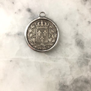 French Coin Pendant, 5 Francs, Silver Antique, 1.50", 1826 Replica, Necklace, 2 Sided, Lead Free