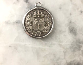French Coin Pendant, 5 Francs, Silver Antique, 1.50", 1826 Replica, Necklace, 2 Sided, Lead Free