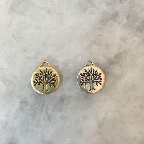 Tree of Life Charm Pendant, 15mm, Gold or Silver, Yoga, Inspirational, Round, Pewter, Jewelry Supplies