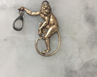 Monkey Pendant with Crystal, Vintage Brass Stamping, Jewelry, Backfilled Pewter, Handmade Statement Piece