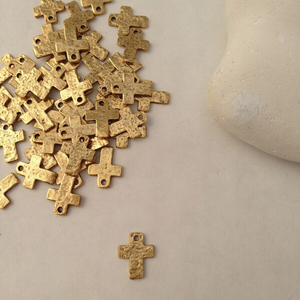 BULK, 10 Tiny GOLD Crosses, 1 Hole, Hammered, Charm, Pewter, Supplies
