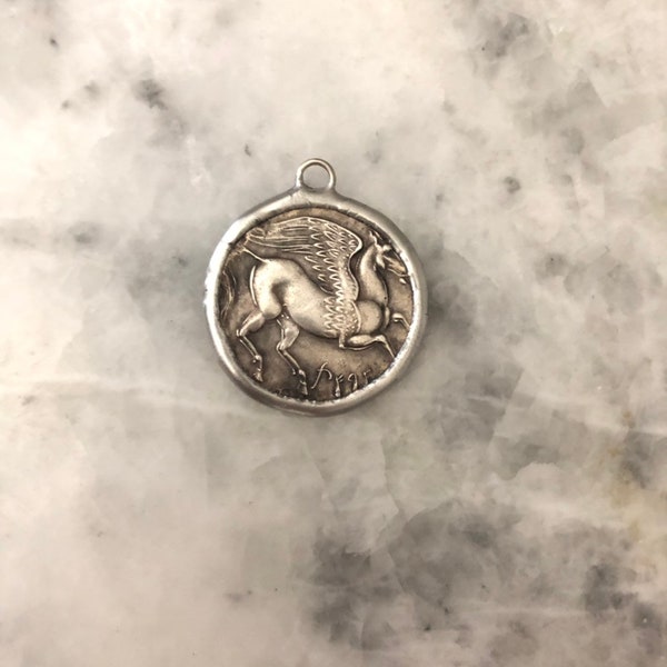 Pegasus Coin Pendant, Greek Athena, 1.5", Symbol of Flight, Soldered, Spirit + Wisdom, Connector OR Pendant, Handmade  Replica