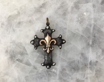 Celtic Cross Pendant with Brass Fleur-de-Lis, Soldered, Decorative Dots, Artisan, Handmade