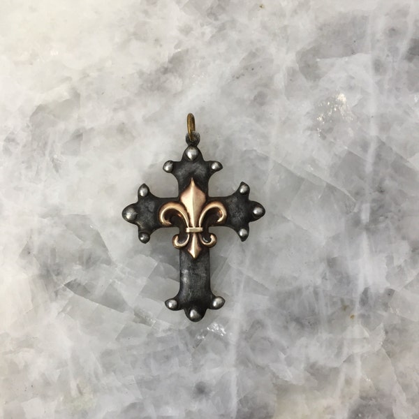 Celtic Cross Pendant with Brass Fleur-de-Lis, Soldered, Decorative Dots, Artisan, Handmade