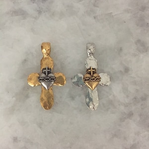 Sacred Heart Cross Pendant, High End, Hammered, Gold OR Silver, Pewter, Bail, Necklace