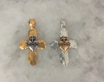Sacred Heart Cross Pendant, High End, Hammered, Gold OR Silver, Pewter, Bail, Necklace
