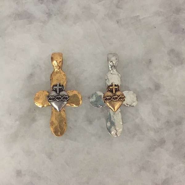 Sacred Heart Cross Pendant, High End, Hammered, Gold OR Silver, Pewter, Bail, Necklace