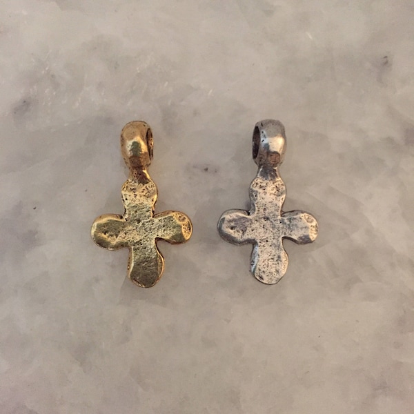 Cross Charm Pendant, Rustic with Bail, Gold OR Silver, Rounded Corners, Hammered, Lead Free Pewter, 24k gold plate