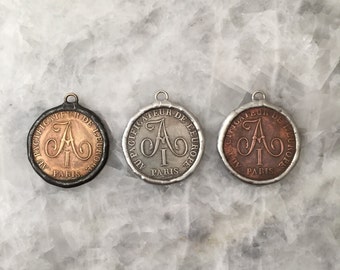 French Coin Pendant, Paris, 1.5”, fleur-de-lis Connector Necklace, Gold, or Silver, Replica, soldered reproduction.
