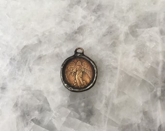 Soldered Angel Coin Pendant, Medal, 27mm Rustic Brass Coin, Guardian Angel Necklace, 2 Sided