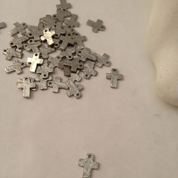 BULK 10- TINY, SILVER, 1 Holed, Crosses, Hammered, Charms, Pewter, Supplies