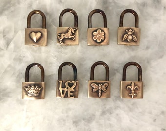 Padlock Pendant, Small Vintage Brass, Heart, Bee, Flower, Unicorn, Crown, Dragonfly, Fleur, Hand Soldered, Jewelry, Lead Free