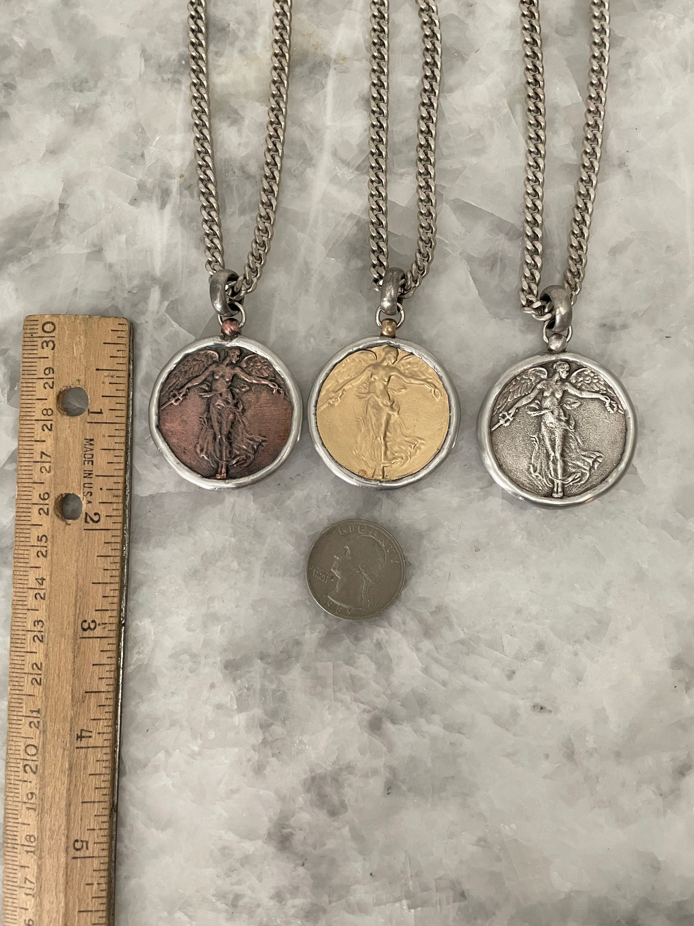 ★VINTAGE HOLLYWOOD★ Round Coin Necklace Angel Victory Medal With Sword, Bronze, Gold, Silver