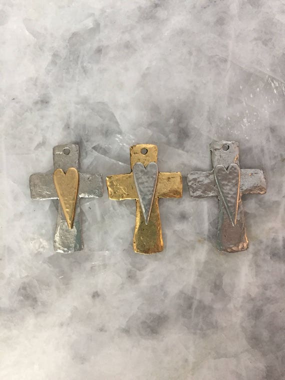 Rustic Cross Pendant with Heart, GOLD or SILVER, 1 Hole, FLAT,  Hammered, Alternating Finish, Lead Free, 1+7/8"